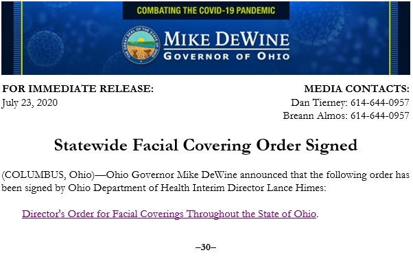 Statewide Facial Covering Order Signed